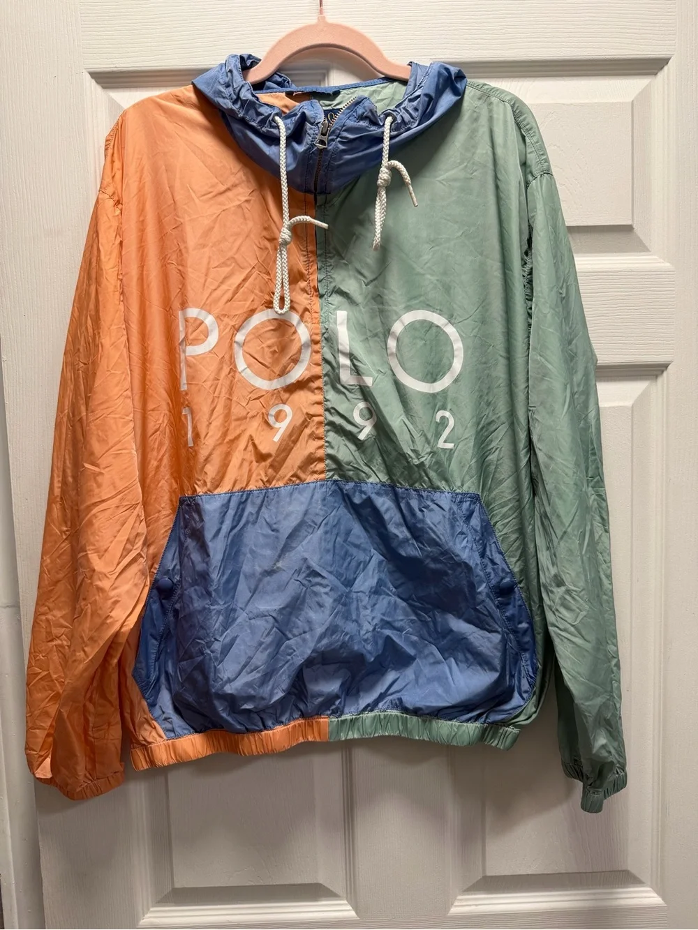 Polo by Ralph Lauren 1992 Peach, Mint & Light Blue Colorblock Hooded Windbreaker